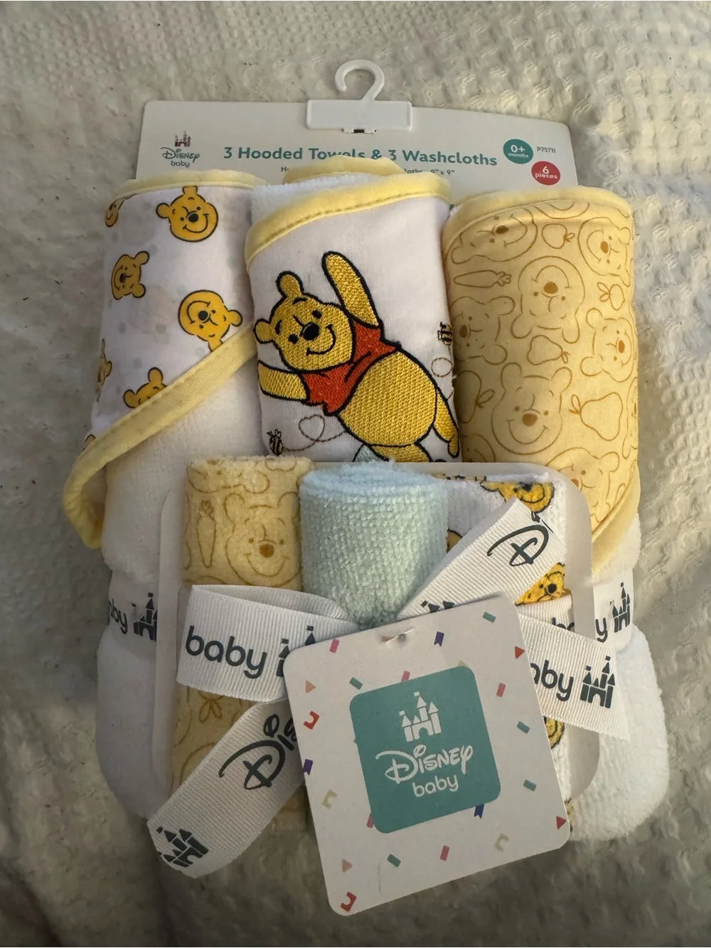 Disney Baby Winnie the Pooh Yellow White Bath Washcloth & Towel Set